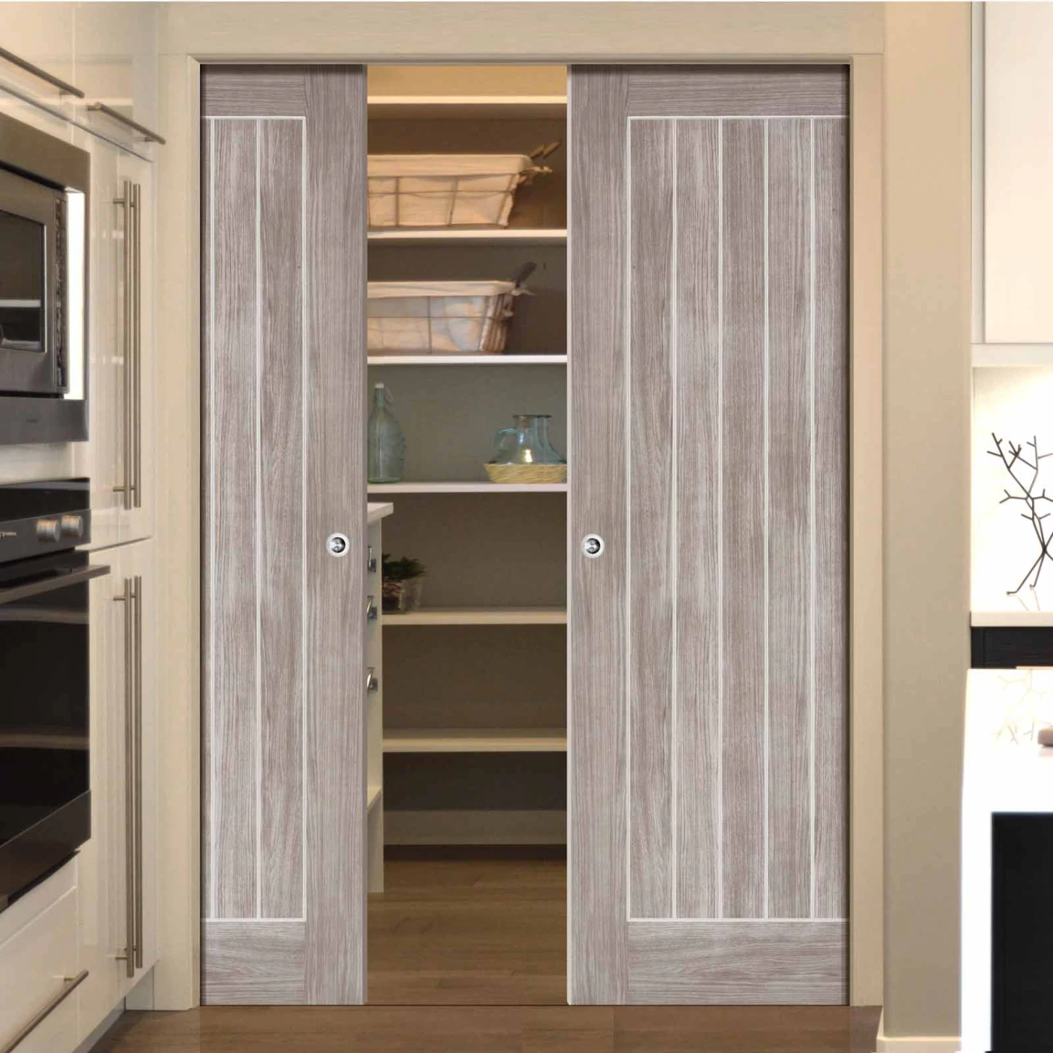 Laminate Mexicano Light Grey Double Evokit Pocket Doors - Prefinished 1 Laminate Mexicano Light Grey Double Evokit Pocket Doors - Prefinished