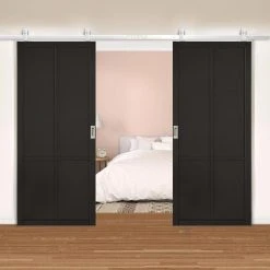 Top Mounted Stainless Steel Sliding Track & Double Door - Liberty 4 Panel Black Primed Doors