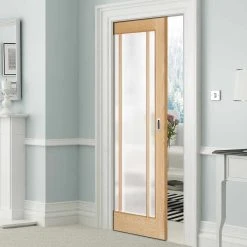 Lincoln Glazed Oak Single Evokit Pocket Door - Frosted Glass