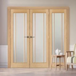 ThruEasi Room Divider - Lincoln 3 Pane Oak Frosted Glass Unfinished Double Doors With Single Side