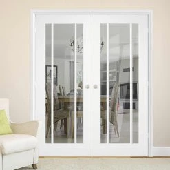 Lincoln 3 Pane Internal Door Pair - Clear Glass - White Primed