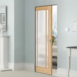 Lincoln Glazed Oak Absolute Evokit Single Pocket Doors - Frosted Glass - Unfinished