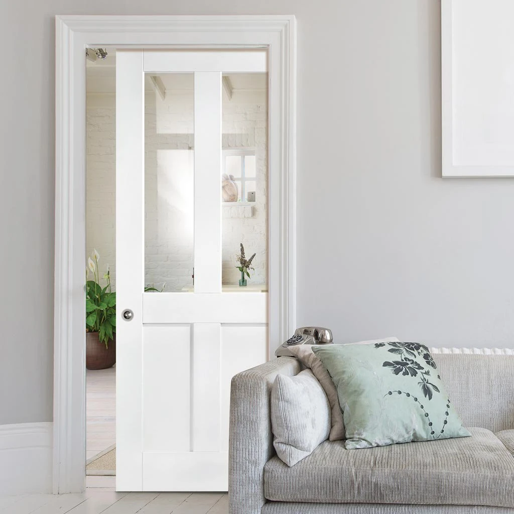 London Single Evokit Pocket Door - Clear Glass - White Primed 1 London Single Evokit Pocket Door - Clear Glass - White Primed