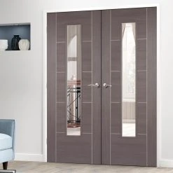 Laminate Vancouver Medium Grey Internal Door Pair - Clear Glass - Prefinished