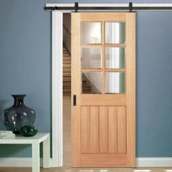 Top Mounted Black Sliding Track & Door - Mexicano 6 Pane Oak Door - Bevelled Clear Glass - Prefinished