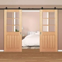 Top Mounted Black Sliding Track & Double Door - Mexicano 6 Pane Oak Doors - Bevelled Clear Glass - Prefinished