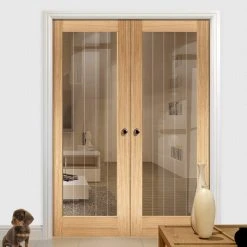 Mexicano Oak Internal Door Pair - Clear Glass - Frosted Lines