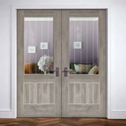 Laminate Mexicano Light Grey Internal Door Pair - Etched Clear Glass - Prefinished
