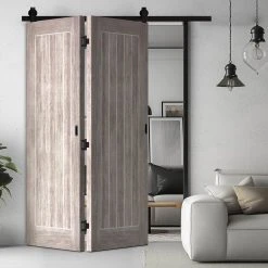 SpaceEasi Top Mounted Black Folding Track & Double Door - Laminate Mexicano Light Grey Door - Prefinished