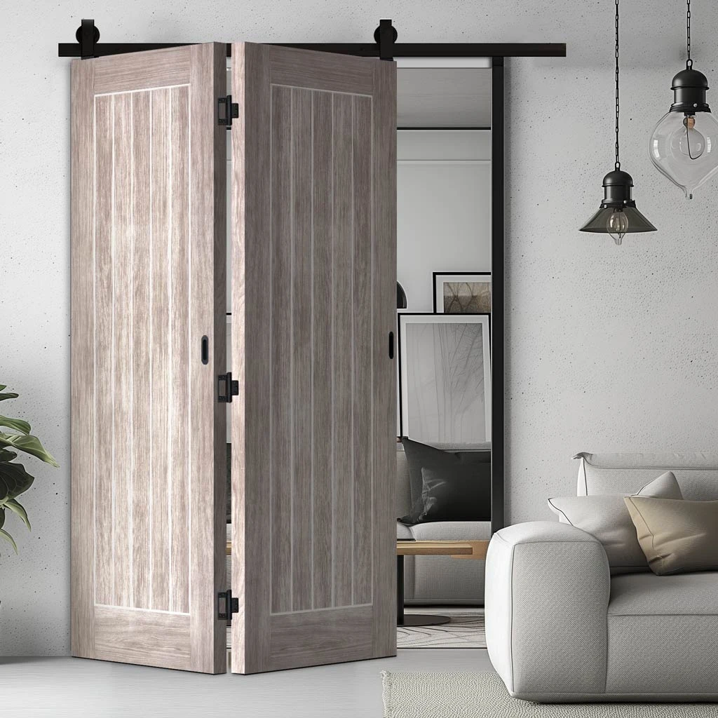 SpaceEasi Top Mounted Black Folding Track & Double Door - Laminate Mexicano Light Grey Door - Prefinished 1 SpaceEasi Top Mounted Black Folding Track & Double Door - Laminate Mexicano Light Grey Door - Prefinished