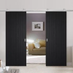 Top Mounted Stainless Steel Sliding Track & Double Door - Montreal Flush Charcoal Doors - Prefinished