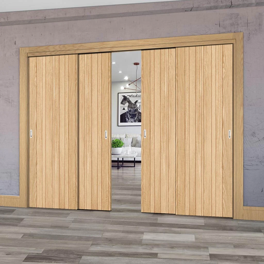 Pass-Easi Four Sliding Doors And Frame Kit - Montreal Oak Flush Internal Door - Prefinished 1 Pass-Easi Four Sliding Doors And Frame Kit - Montreal Oak Flush Internal Door - Prefinished