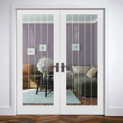 Moulded Textured Vertical 5 Panel Internal Door Pair - Etched Clear Glass - Primed
