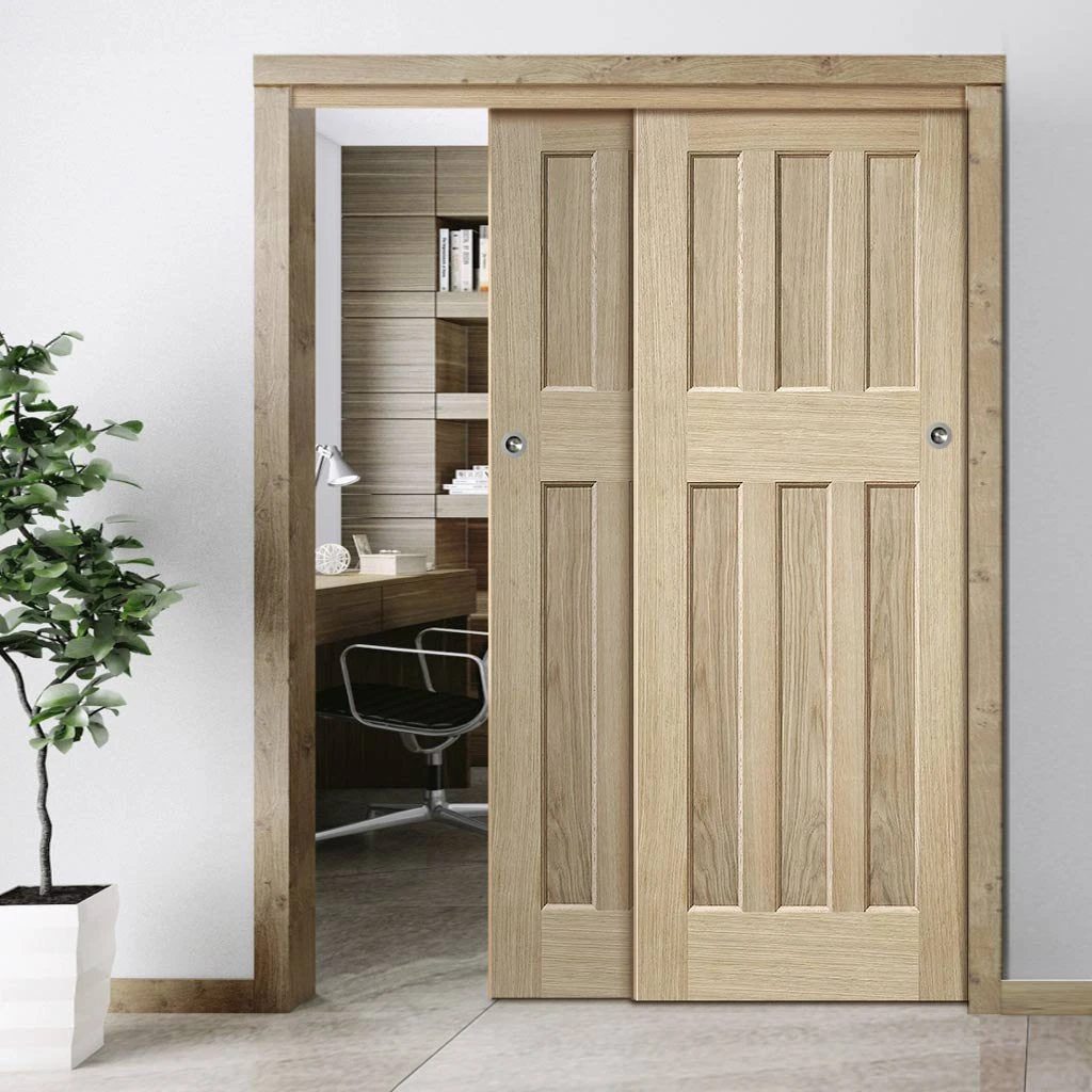 Pass-Easi Two Sliding Doors And Frame Kit - DX 60's Nostalgia Oak Panel Door - Unfinished 1 Pass-Easi Two Sliding Doors And Frame Kit - DX 60's Nostalgia Oak Panel Door - Unfinished