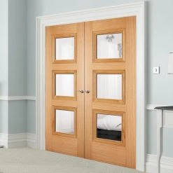 Amsterdam 3 Pane Glazed Oak Internal Door Pair - Prefinished
