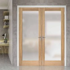 Pattern 10 Oak Internal Door Pair - Full Pane Frosted Glass