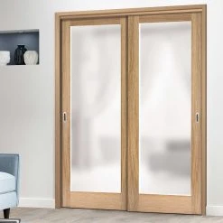 Pass-Easi Two Sliding Doors And Frame Kit - Pattern 10 Oak Door - Frosted Glass - Unfinished