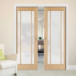 Lincoln Glazed Oak Double Evokit Pocket Doors - Frosted Glass