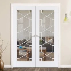 Orly Internal Door Pair - Clear Glass - White Primed