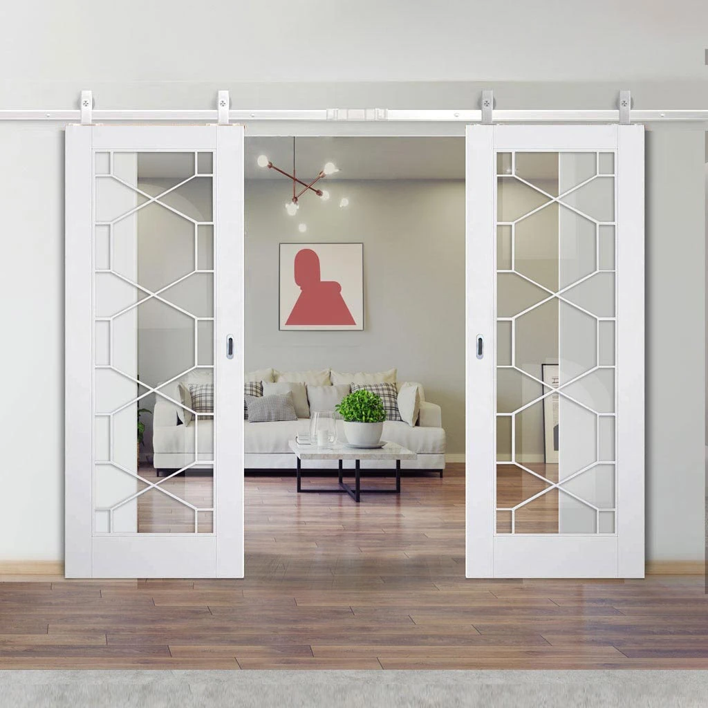 Top Mounted Stainless Steel Sliding Track & Double Door - Orly Doors - Clear Glass - White Primed 1 Top Mounted Stainless Steel Sliding Track & Double Door - Orly Doors - Clear Glass - White Primed