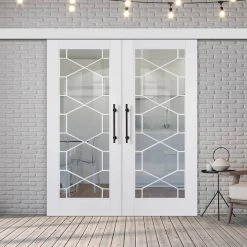 Double Sliding Door & Wall Track - Orly Door - Clear Glass - White Primed