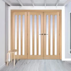 ThruEasi Room Divider - Utah 3 Pane Oak Frosted Glass Prefinished Double Doors With Single Side