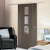 Premium Single Sliding Door & Wall Track - Alcaraz Chocolate Grey Door - Clear Glass - Prefinished
