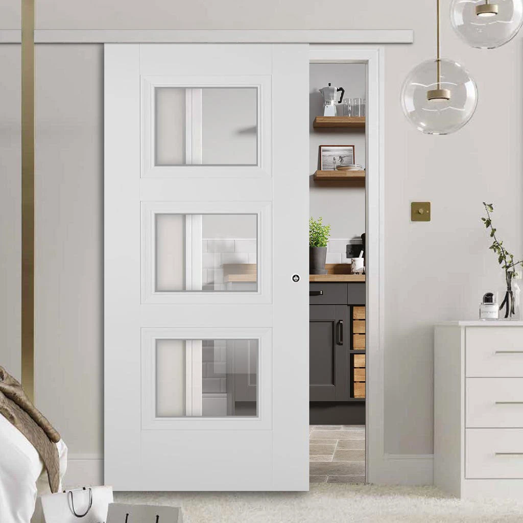 Premium Single Sliding Door & Wall Track - Amsterdam 3 Panel Door - Clear Glass - White Primed 1 Premium Single Sliding Door & Wall Track - Amsterdam 3 Panel Door - Clear Glass - White Primed