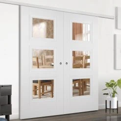 Premium Double Sliding Door & Wall Track - Amsterdam 3 Panel Door - Clear Glass - White Primed