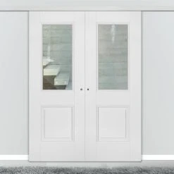 Premium Double Sliding Door & Wall Track - Arnhem 1 Pane 1 Panel Door - Clear Glass - White Primed