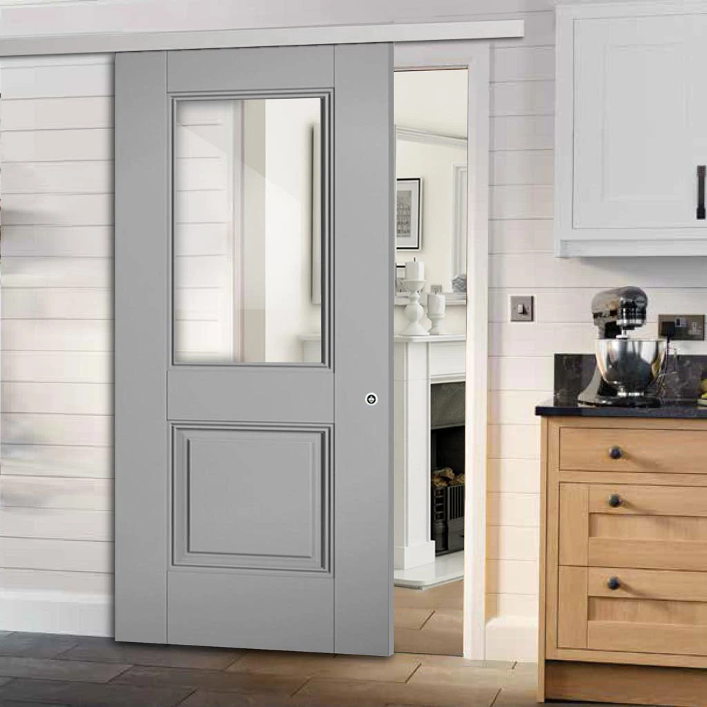 Premium Single Sliding Door & Wall Track - Arnhem Grey Primed Door - Clear Glass - Unfinished 1 Premium Single Sliding Door & Wall Track - Arnhem Grey Primed Door - Clear Glass - Unfinished