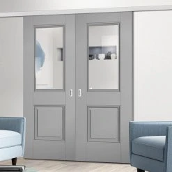 Premium Double Sliding Door & Wall Track - Arnhem Grey Primed Door - Clear Glass - Unfinished