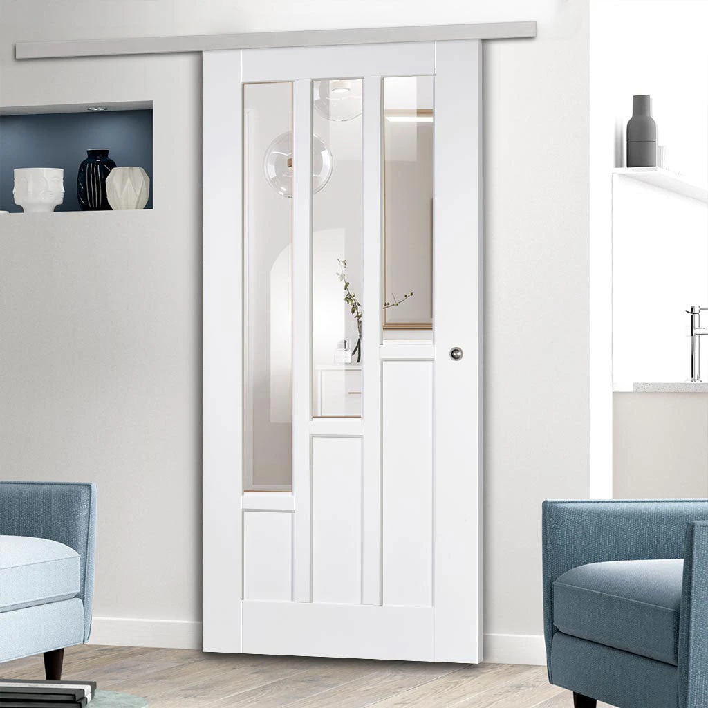 Premium Single Sliding Door & Wall Track - Coventry Door - Clear Glass - White Primed 1 Premium Single Sliding Door & Wall Track - Coventry Door - Clear Glass - White Primed