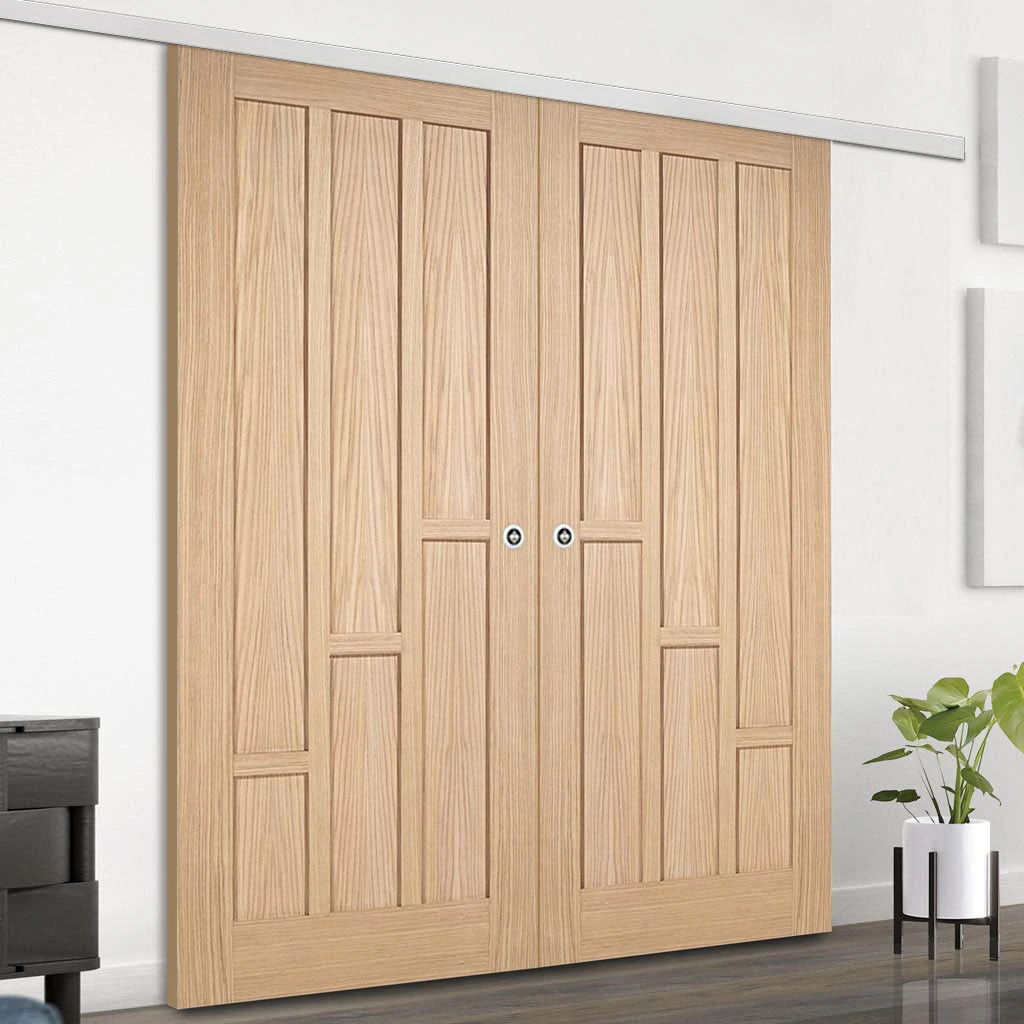 Premium Double Sliding Door & Wall Track - Coventry Contemporary Oak Panel Door - Unfinished 1 Premium Double Sliding Door & Wall Track - Coventry Contemporary Oak Panel Door - Unfinished