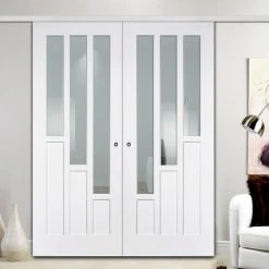 Premium Double Sliding Door & Wall Track - Coventry Door - Clear Glass - White Primed
