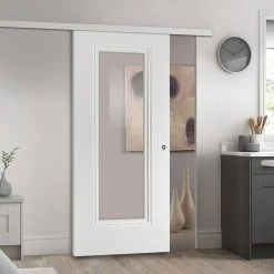 Premium Single Sliding Door & Wall Track - Eindhoven 1 Pane Door - Clear Glass - White Primed