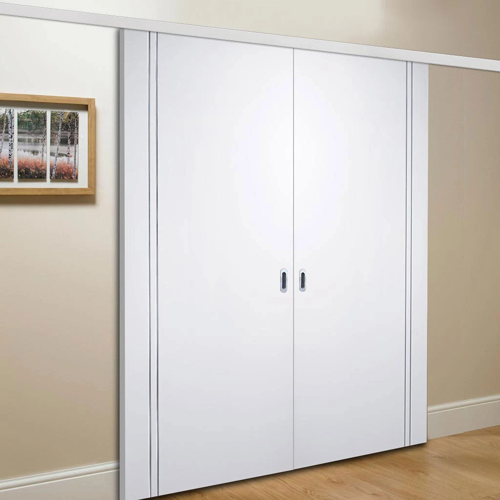 Premium Double Sliding Door & Wall Track - Sierra Blanco Flush Door - White Painted 1 Premium Double Sliding Door & Wall Track - Sierra Blanco Flush Door - White Painted