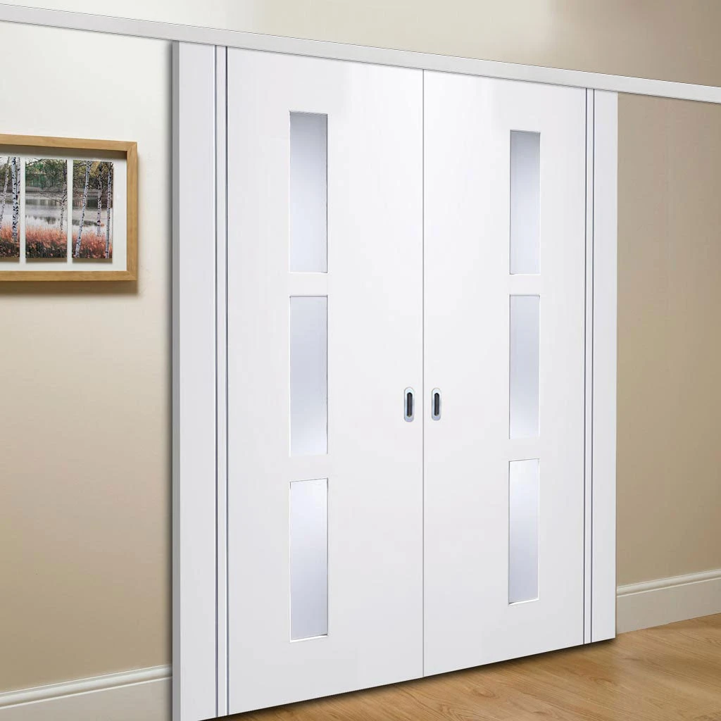 Premium Double Sliding Door & Wall Track - Sierra Blanco Door - Frosted Glass - White Painted 1 Premium Double Sliding Door & Wall Track - Sierra Blanco Door - Frosted Glass - White Painted
