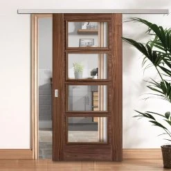 Premium Single Sliding Door & Wall Track - Vancouver 4 Pane Walnut Door - Clear Glass - Prefinished