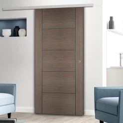 Premium Single Sliding Door & Wall Track - Vancouver Flush Chocolate Grey Door - Prefinished