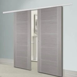 Premium Double Sliding Door & Wall Track - Vancouver Light Grey Door - Prefinished