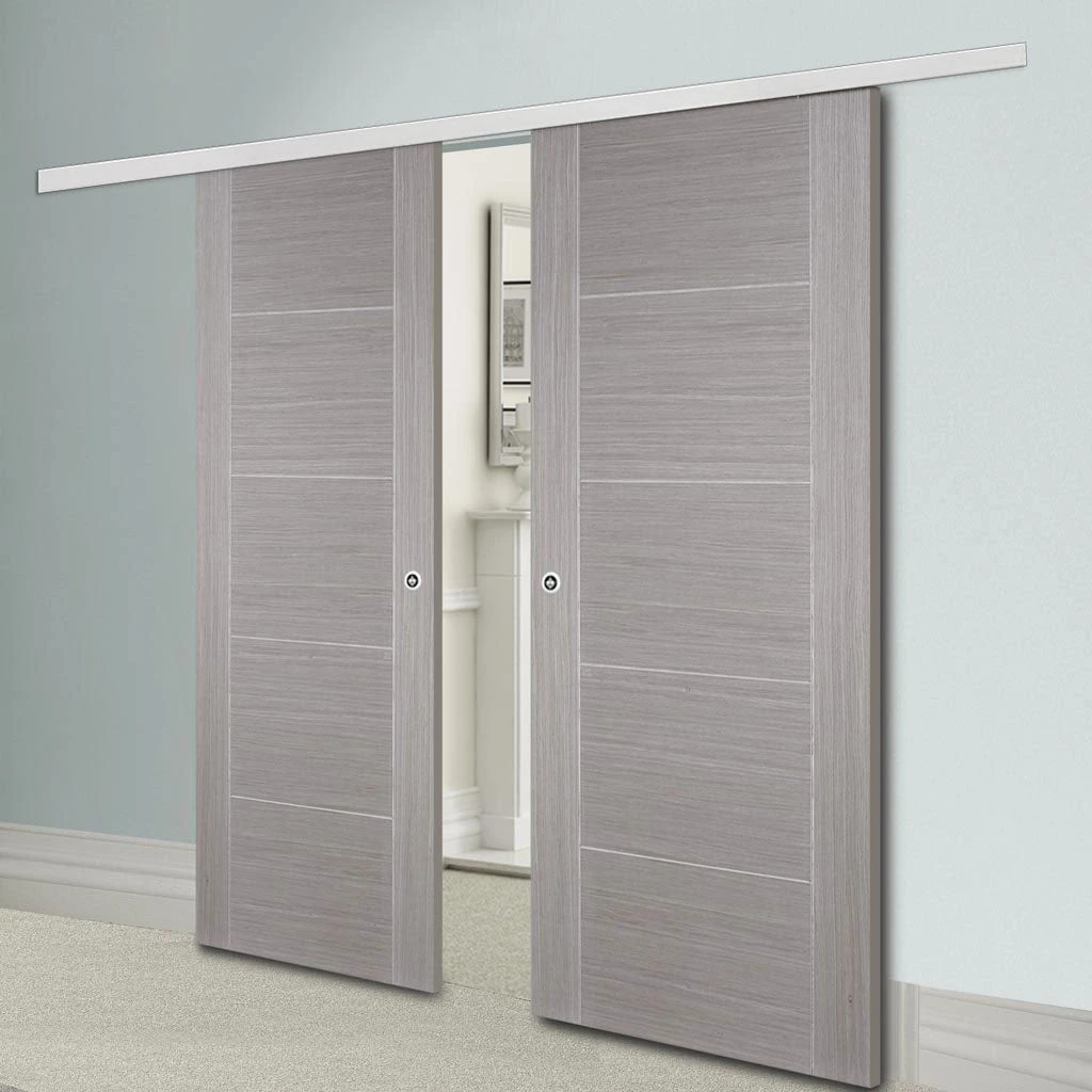 Premium Double Sliding Door & Wall Track - Vancouver Light Grey Door - Prefinished 1 Premium Double Sliding Door & Wall Track - Vancouver Light Grey Door - Prefinished