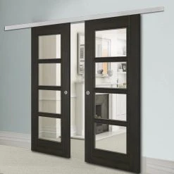 Premium Double Sliding Door & Wall Track - Vancouver Smoked Oak Internal Doors - Clear Glass - Prefinished