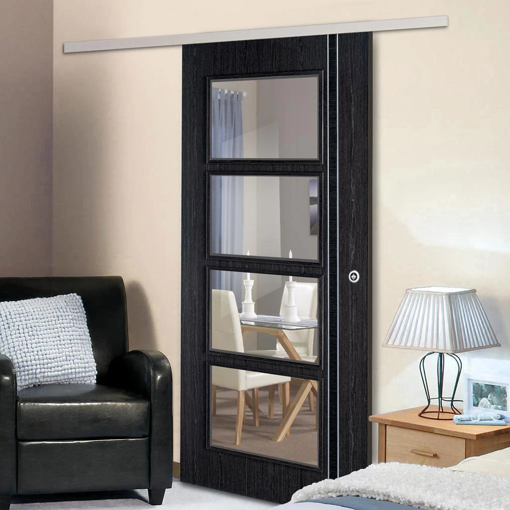 Premium Single Sliding Door & Wall Track - Zanzibar Ash Grey Door - Clear Glass - Prefinished 1 Premium Single Sliding Door & Wall Track - Zanzibar Ash Grey Door - Clear Glass - Prefinished