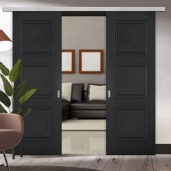 Premium Double Sliding Door & Wall Track - Antwerp 3 Panel Black Primed Door