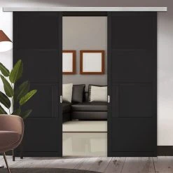 Premium Double Sliding Door & Wall Track - Chelsea 4 Panel Black Primed Door