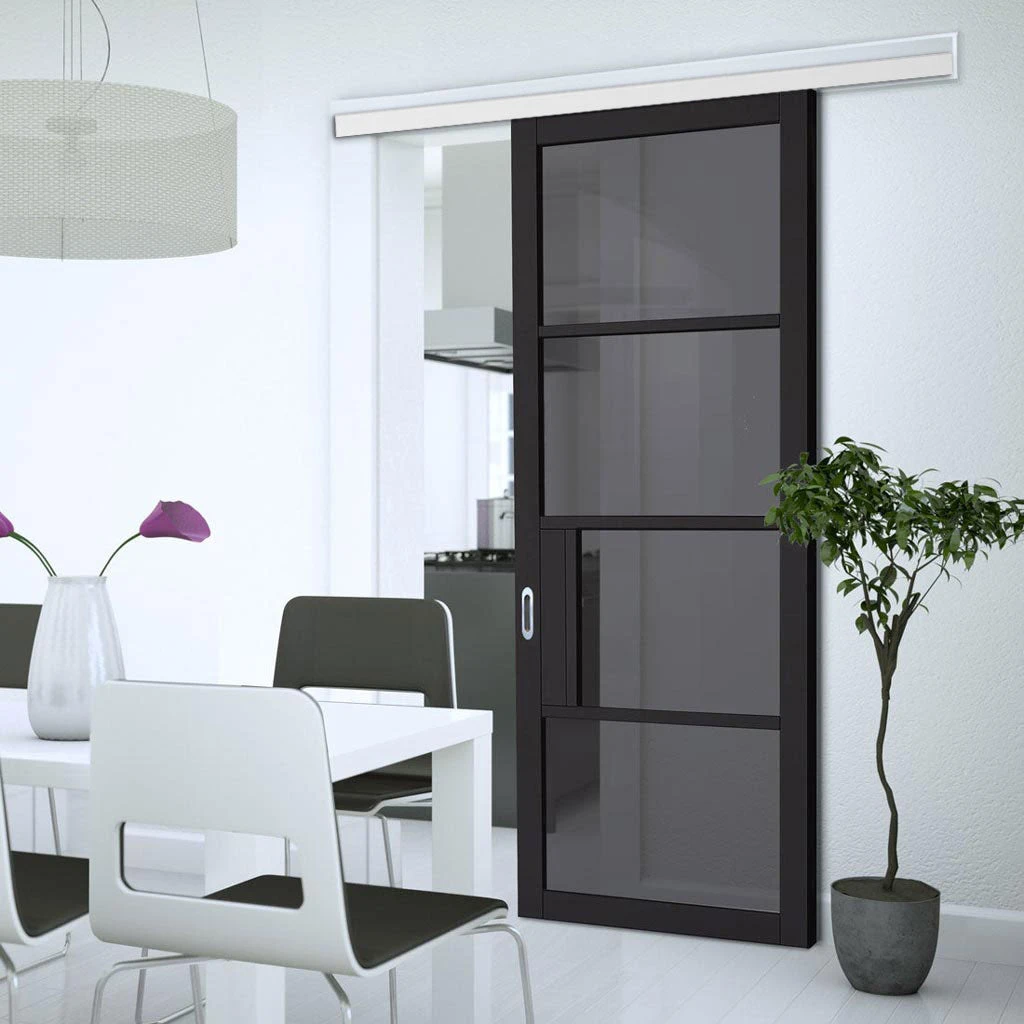 Premium Single Sliding Door & Wall Track - Chelsea 4 Pane Black Primed Door - Tinted Glass 1 Premium Single Sliding Door & Wall Track - Chelsea 4 Pane Black Primed Door - Tinted Glass