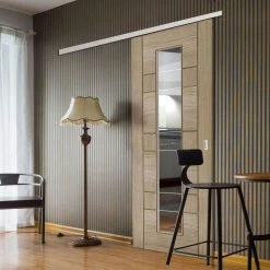 Premium Single Sliding Door & Wall Track - Edmonton Light Grey Door - Clear Glass With Frosted Lines - Prefinished