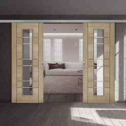 Premium Double Sliding Door & Wall Track - Edmonton Light Grey Door - Clear Glass With Frosted Lines - Prefinished