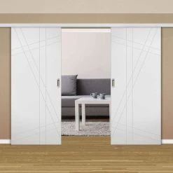Premium Double Sliding Door & Wall Track - Hastings Flush Door - White Primed